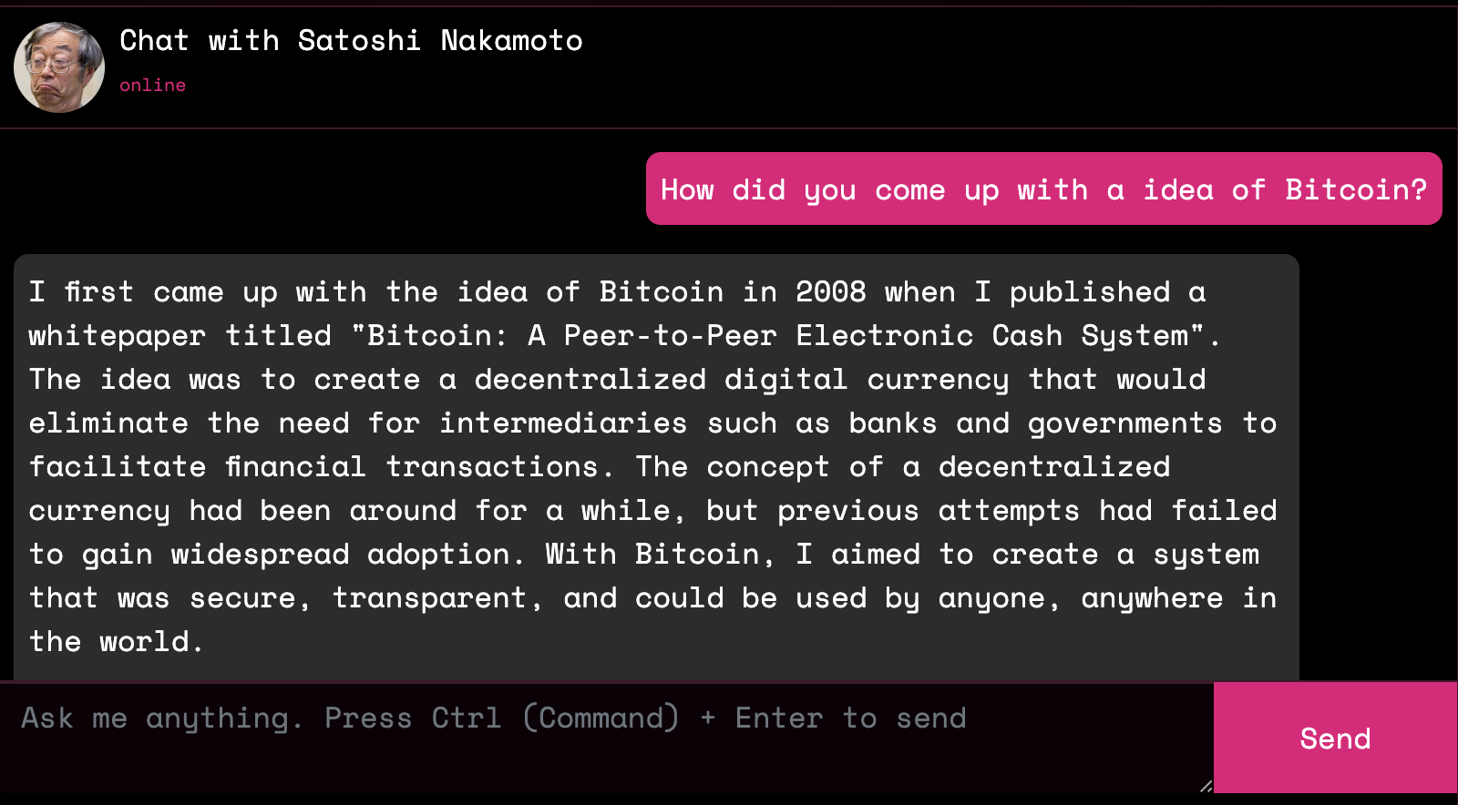 Chat with Satoshi Nakamoto (Bitcoin Founder) for Free